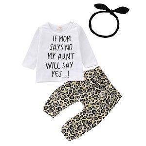 Ins cute Girls Outfits Infant Outfits leopard Girl Suit letter T shirt+PP pants +bows headband baby sets newborn baby girl clothes A4856
