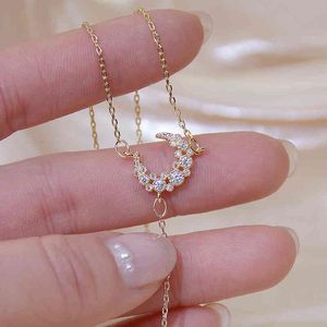 Ins Exquisite Micro Inlaid CZ Moon Ketting voor Vrouwen 14k Real Gold Zirconia Romantische Collier Hanger voor Femme