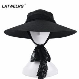 Ins Fashion Big Brim Sun Hat para mujeres Correas de encaje Sombreros de playa negros Vintage Summer UV Sombreros al por mayor S1091 Y200602