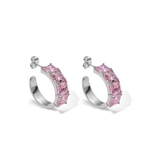 Pendientes de tuerca de color rosa con incrustaciones de diamantes de moda Ins Círculo en forma de C Diseño de nicho de verano Temperamento de gama alta Accesorios de joyería que combinan con todo