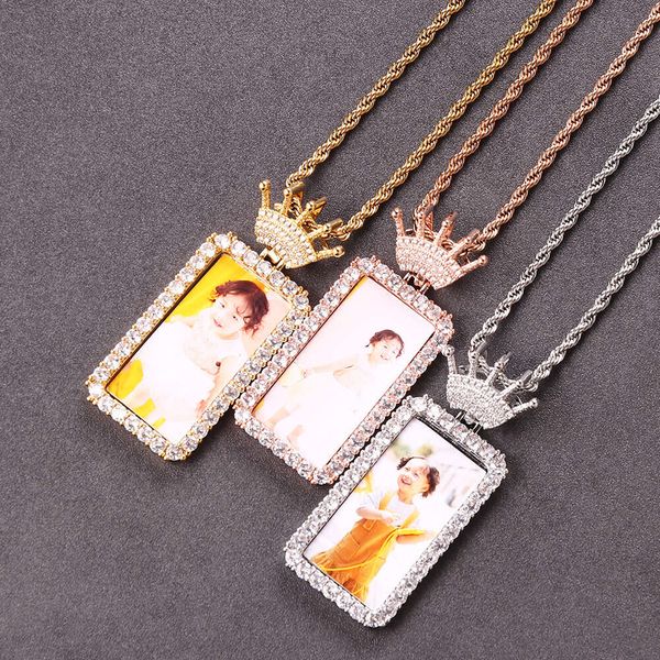 Ins Fashion Gold Rose Silver Zircon Small Small Rectangle Crown Pendant Pendant Photo Frame Gift for Men