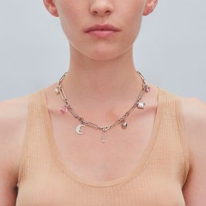 INS Fashion Justine – collier court multi-pendentif en argent, chaîne en métal, cristal de lune, ras du cou assorti avec tout, clavicule