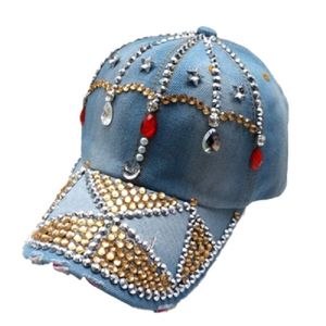 Ins fashion designer de luxe diamants colorés couronne de cristal bleu jeans demin été casquettes de baseball pour femmes filles chapeaux de soleil