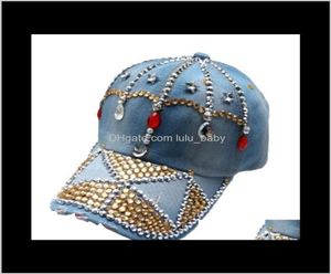 Ins Fashion Luxe Designer Kleurrijke Diamanten Crystal Crown Blue Jeans Demin Zomer Baseball Voor Vrouwen Meisjes Zonnehoeden3177063