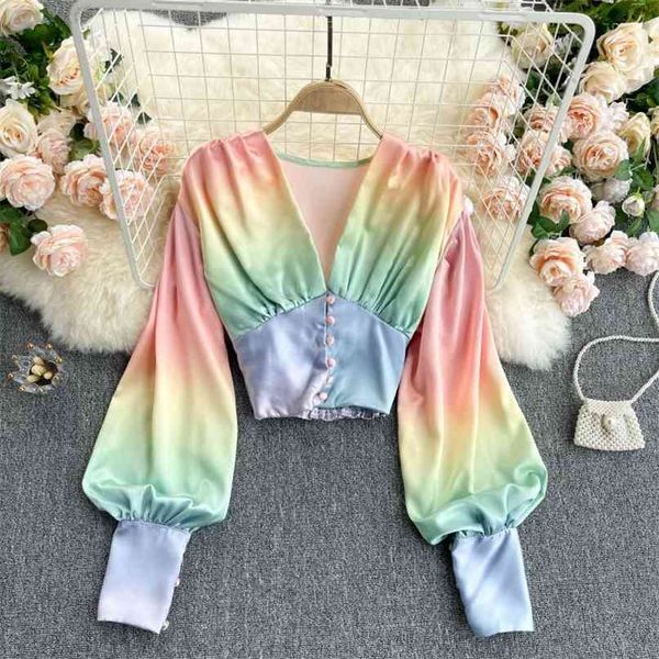 Ins Fashion Rainbow Gradient Color Crop Top Primavera Blusa de mujer Camisa con cuello en V profundo Manga larga Puff Slim Summer Blusas 210603