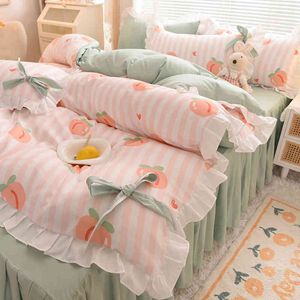 Ins mode solide beddengoed set met gepast bed laken schattige prinses ab dubbelzijdige ruche quilt cover kussensloop kussensloop volledige koningin king