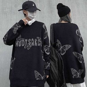 Ins Mode Street Mode Merk Dark Black Butterfly Letter Jacquard Pullover Sweater Y0907