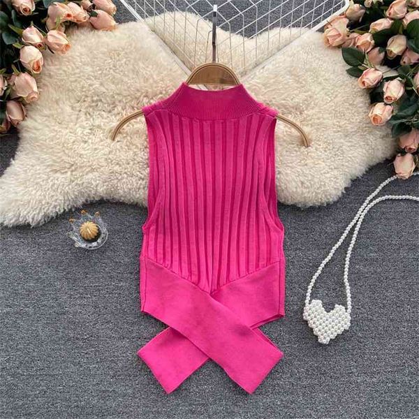 Ins Fashion Women Knit Top 8 colores Summer Tank Tops Design Criss-cross Hollow Out Waist Slim Sweater Crop 210603