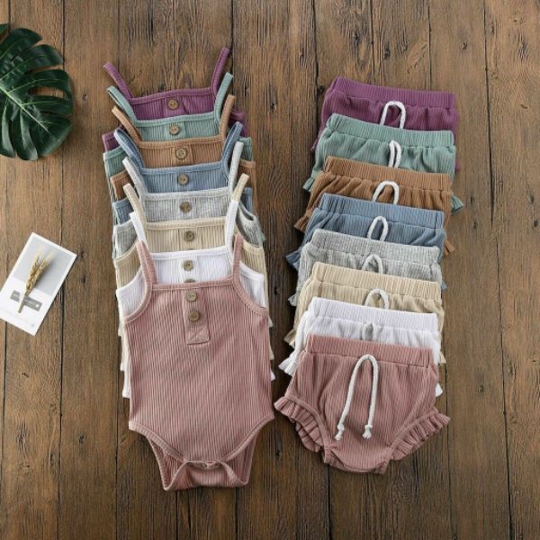 Ins Girl's Baby Two Pieces Sets Summer Color Color Suspender Shirt + Ruffles Short 100% Cotton Kids Clothing Ensemble