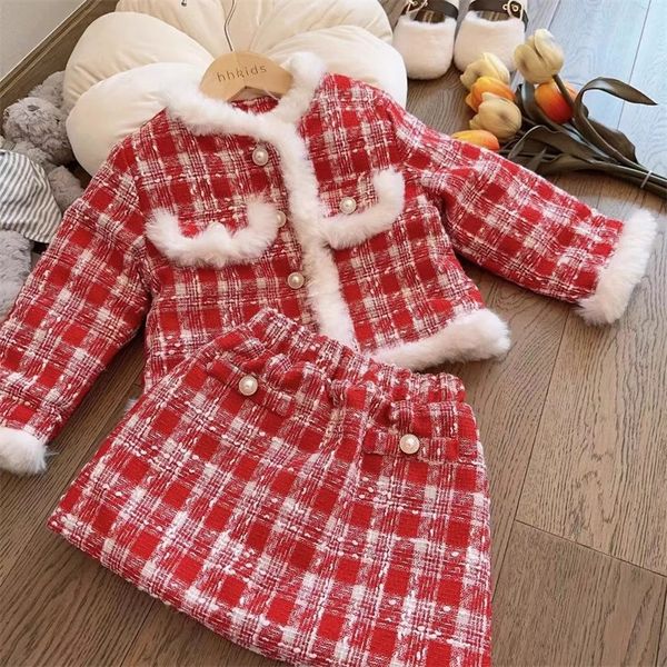 INS Girls Plaid Vêtements de laine Ensembles Enfants Treillis rouge Jupes d'extérieur à simple boutonnage 2pcs Enfants de Noël épaissir les tenues de fête S0908