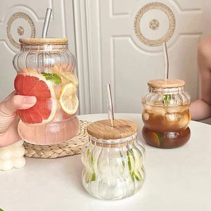 Copa de vidrio de vidrio tazas de café transparentes con tapas y agua potable para beber jugo de té Paza de leche Stripe 240429