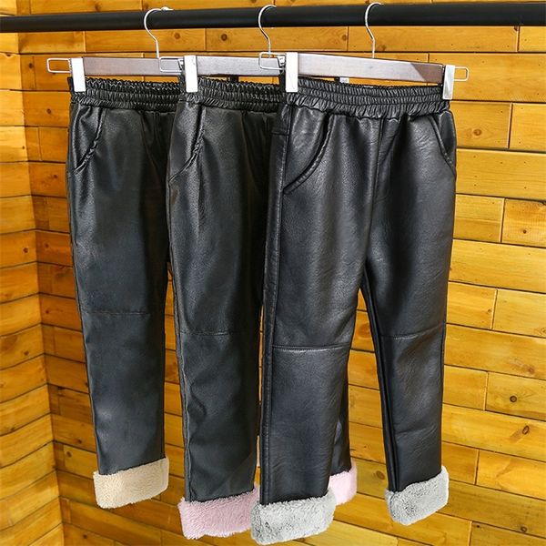 INS HOT Girls pantalones de invierno Leggings esponjosos coreanos pantalones niñas PU pantalones de cuero ventas directas de fábrica niñas leggings 3 colores 210303