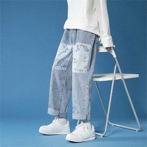ins jeans tendencia de los hombres guapos versátiles rectos sueltos pantalones de pierna ancha cintura streetwear ropa china 211111