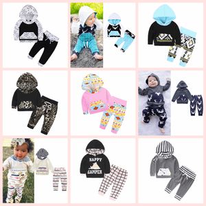 INS enfants vêtements ensemble coton costume rayé floral avec casquette chapeau tenues bébé ensembles à manches longues enfants sweats à capuche animaux pantalons 40 styles AAA125