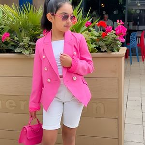 INS Kids Double-breasted gesp blazers meisjes Barbie roze prinses uitloper Mode kinderen lente jas S1091