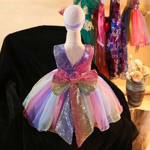 Ins enfants arc-en-ciel paillettes robe de soirée pour filles princesse licorne avec nœuds 2 pièces tenue enfants vêtements ensemble 210529