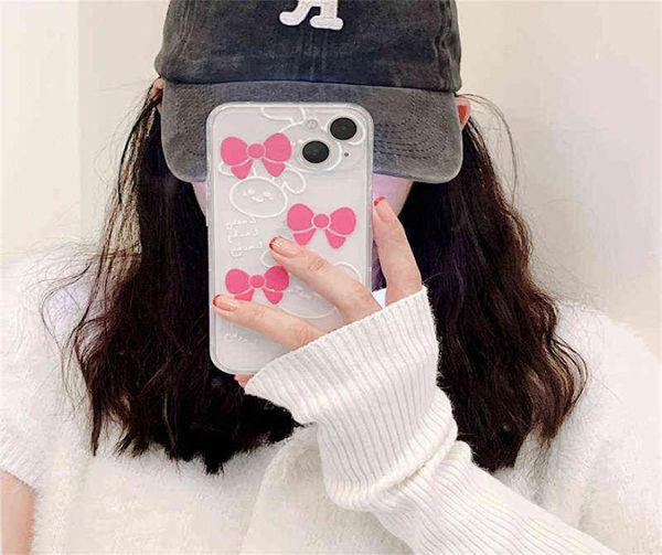 INS Korea Cuet 3D Pink Bow Transparent Phone Case pour iPhone 13 12 11 Pro Xs Max XR 7 8 Plus couverture arrière à dos Soft AA4352763, AA435276