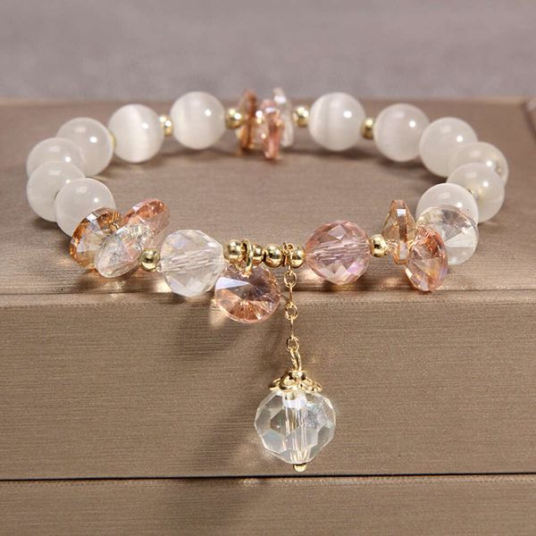 INS Corea Versión Sweet Girl Heart Crystal Rosa Single Loop Fashion Whele White Cat Eye Stone Bracelet Jewelry