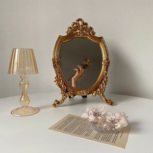 Ins grand miroir de maquillage rond en résine Vintage salon maison décorative Table miroir Dressing chambre miroir debout 240127