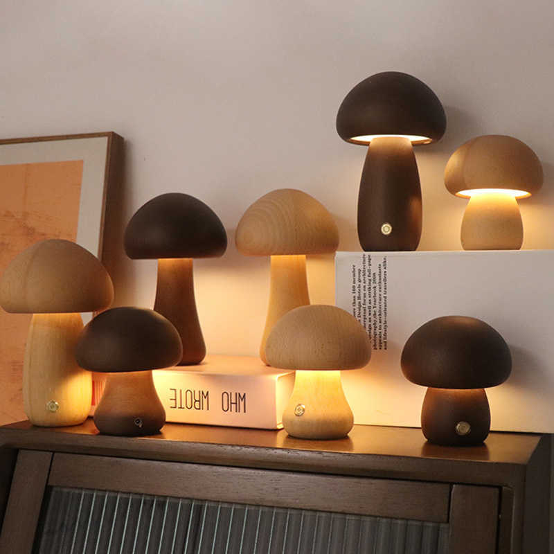 INS LED LIDZA Z WYŁĄCZENIE DOTYCZNE Drewniane śliczne grzybowe Lampa stołowa do sypialni dziecięcy pokój nocny lampy AA230421