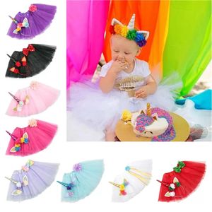 Vestido tutú para recién nacido INS con diadema de cuerno 2 unids/set accesorios de fotografía de cumpleaños para niñas ropa de princesa para niños colores