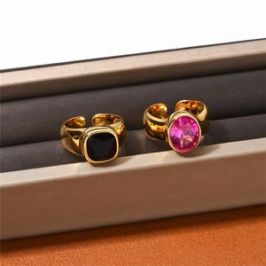 Ins personalidad moda ovalado púrpura Rosa diamante anillo Retro Premium cuadrado negro gema apertura ajustable accesorios de joyería