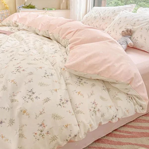 Ins rose fleurs ensemble de literie mode drap plat housse de couette sans remplissage taie d'oreiller double pleine reine nordique garçon fille linge de lit 240322