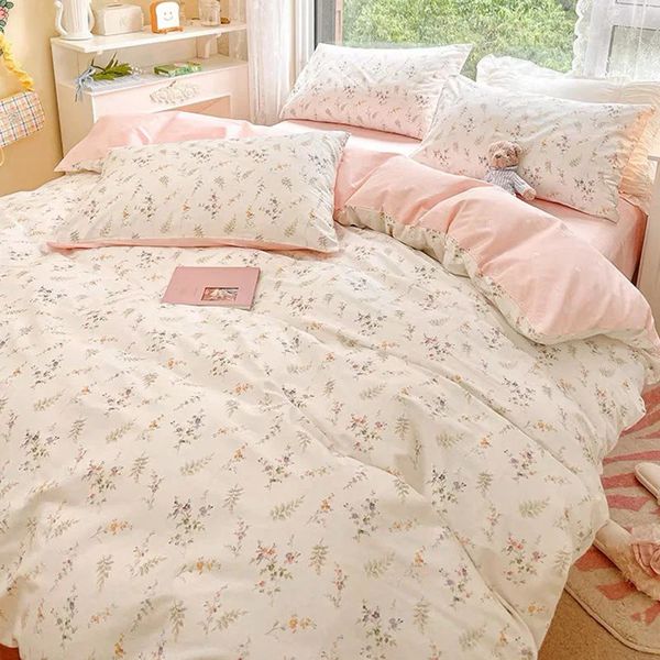 Ins rose fleurs ensemble de literie drap plat housse de couette double pleine reine nordique linge de lit garçon fille ensembles de literie fleur cerise 240105