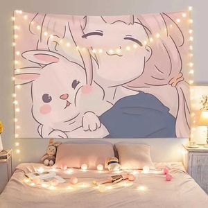 Ins Pink Girl Peach Blossom Tapestries Tapestry Leuke ijscamera Kawaii Room Decor Dorm slaapkamer Decoratie Esthetische stof Achtergrond R0411