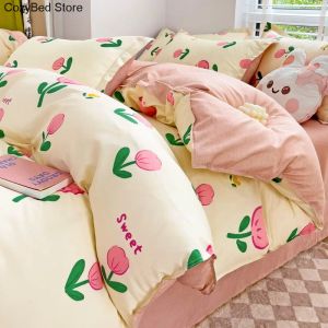 INS Pink Rabbit Bedding Set Twin Full Queen King King Linen Poliéster Base de almohada Kawaii Girls Floral Floral Sheets Set