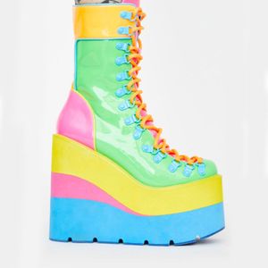INS Punk Female Big Size 43 Mid Calf Boots Wegdes Mixed Color Zipper Buckle Boots Women Platform Luxury Shoes Woman
