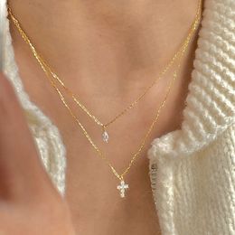Ins Pure 925 Sterling Silver Double Layered Chain met Glanse Zirkon Mini Cross Pendant Necklace for Women Girls