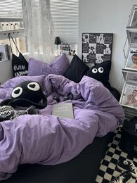 Ins Purple Black Big Eye Solid Color Bedding Set Girls Boys Double Grootte Flat Sheet Cover Cover Cover Case Bed Linnen Home Textile 240417