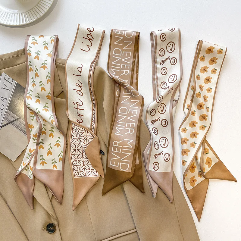 Ins silkescarf lady hårband design brev tryck khaki nackband band kvinnliga sommarfjäder blommig väska handtag band band