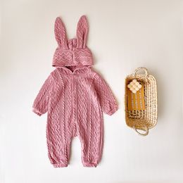 Ins Simple Baby Girl Boy-kleren Romper Spring Lange Mouw Konijn Ear Design Solid Color Clothing 100% katoen Baby Rompers 0-2t