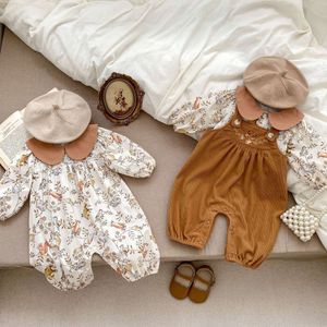 INS lente herfst baby jumpsuit voor beide jongens meisjes, schattig kruippakje met dierenprint met reverskraag, lange mouwen en billen