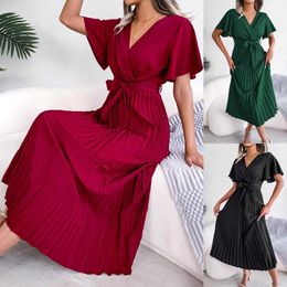 Ins Vestidos elegantes de primavera verão com decote em V cruzado vestido maxi plissado feminino