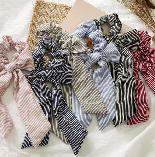 INS Stripe Hair Scrunchies Bow Accesorios para mujeres Bandas para el cabello Corbatas Scrunchie Cola de caballo Titular Cuerda de goma Decoración Big Long Bow Bunny