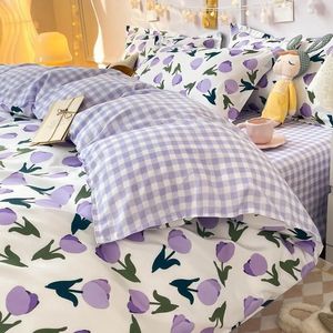 Ins Style ensemble de literie sans remplissage violet tulipe mode housse de couette drap plat taie d'oreiller filles garçons simple Double taille linge de lit 240306