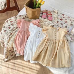 Ins style filles vêtements robes volant sans manches été couleur unie robe 100% coton fille enfants élégant 3 couleurs