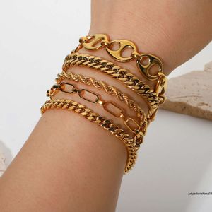 Ensemble de bijoux style Ins, BRACELET en chaîne cubaine Miami, serpent plat superposé, bracelet en acier inoxydable plaqué or 18 carats pour femme