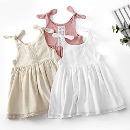 Ins Styles Girl Dress Kids Zomer Katoen Solid Color Suspender met kantontwerp Prinses Casual elegante jurken