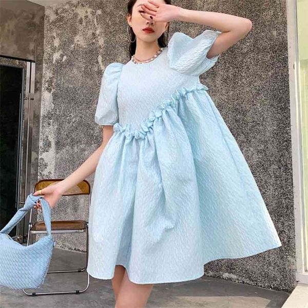 Ins Summer Blue Puff Sleeve O-Neck Mini Dress Mujeres Coreanas Sweet Robes Ball Gown Fairy Party Streetwear Ropa 210514