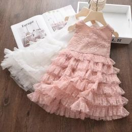 Ins Summer Princess Girl Cleren jurk mouwloze o-neck bloem borduurwerk wit roze feest trouwjurken 100-140 cm