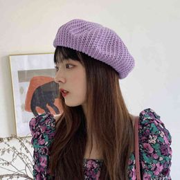 Ins Taro Púrpura Transpirable Boina Mujeres Moda Verano Coreano Color Sólido AllMatch Estudiante Pintor Japonés Sombrero Sección Delgada J220722