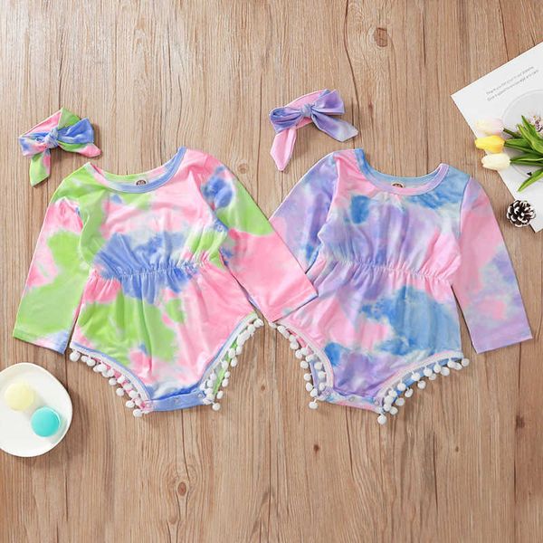 Ins Tie Dye Pon Pom Baby Girls Romper Costume de vêtements pour tout-petit bébé Bebe à manches longues Onesie et bandeau 2pcs Ensemble de vêtements 210529