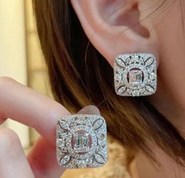 INS Top Sell Stud Earring Jewelry Vintage 925 Sterling Silver T Princess Cut White Topaz Cz Diamond Gemstones Party Hollow Mujeres W2224035