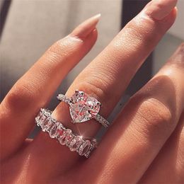 Ins top verkopen trouwringen deluxe sieraden 925 sterling zilver hart vorm wit topaz cz diamant edelstenen eeuwigheid handgemaakte vrouwen engagement bruids ring set geschenk