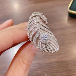 Ins Top Sell Anillos de boda Joyería Sterling Sier Pave Blanco Zafiro CZ Diamante Piedras preciosas Eternidad Pluma Anillo ajustable abierto para el amante