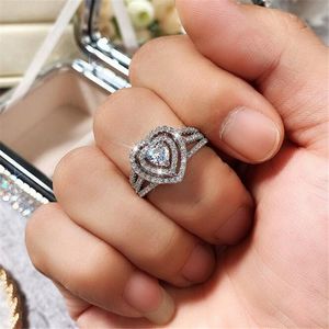 Ins top verkopen trouwringen luxe sieraden 925 sterling zilveren handgemaakte pave witte saffier cz diamant edelstenen eeuwigheid vrouwen bruids hart ring voor minnaar cadeau